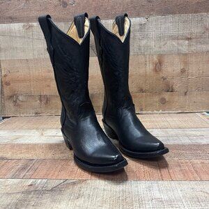 Women's Western Rodeo Cowgirl Black Pointy Boots Genuine Leather High Heel Boots